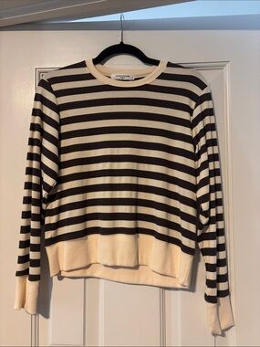 Perfect White Tee Brown and Cream Striped Long Sleeve Tee